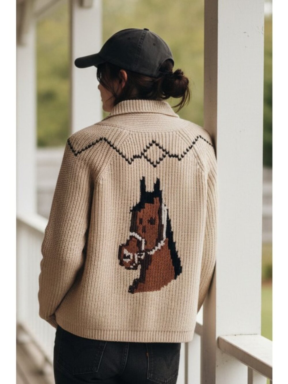 Equestrian Horse Shawl Collar Open Front Preppy Boxy Knit Cardigan Long Sleeve
